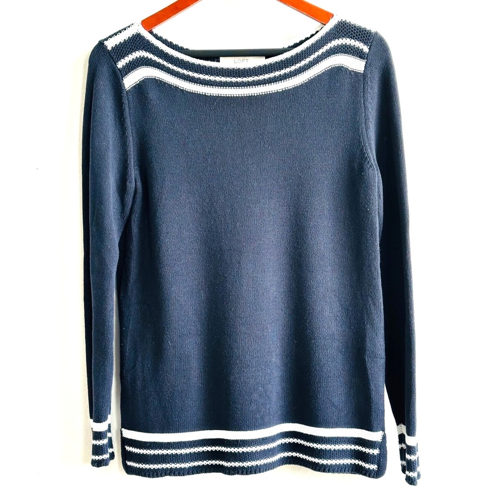 LOFT Navy Blue Striped Boatneck Cotton Knit Long Sleeve Sweater Women's Small